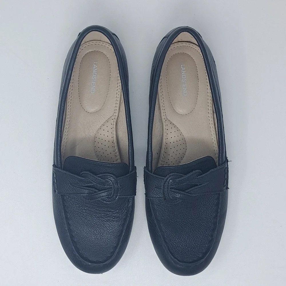 Lands' End Womens Leather Loafers Navy 8.5 B Classic‎ Preppy Slip-On Shoe